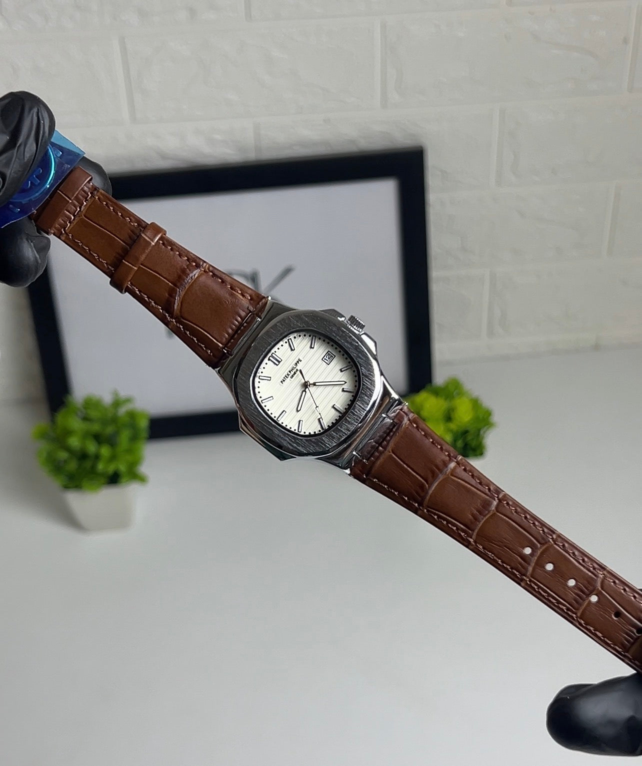 Patek Philippe semi automatic - mina white - strap brown